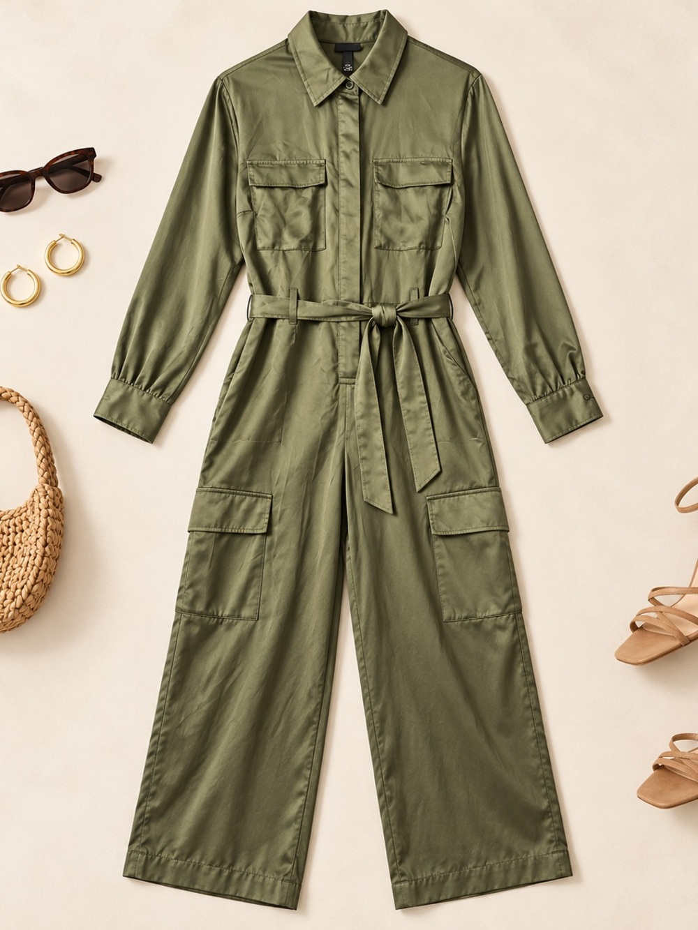 Scoop Olive Green Belted Utility Cargo Jumpsuit | M (8–10)